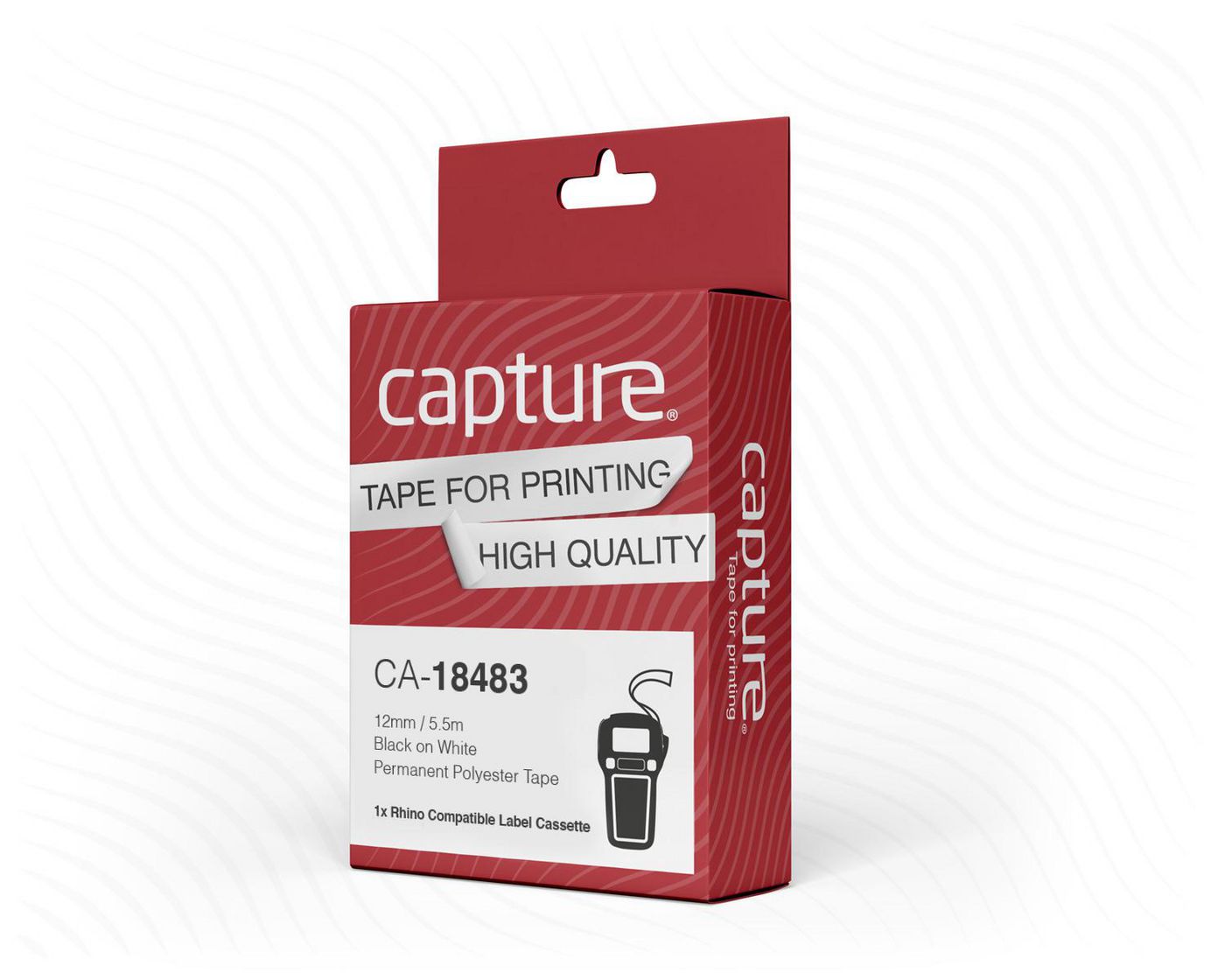 Capture 12mm x 5.5m Black on White  Permanent Polyester Tape  CA-18483 - eet01