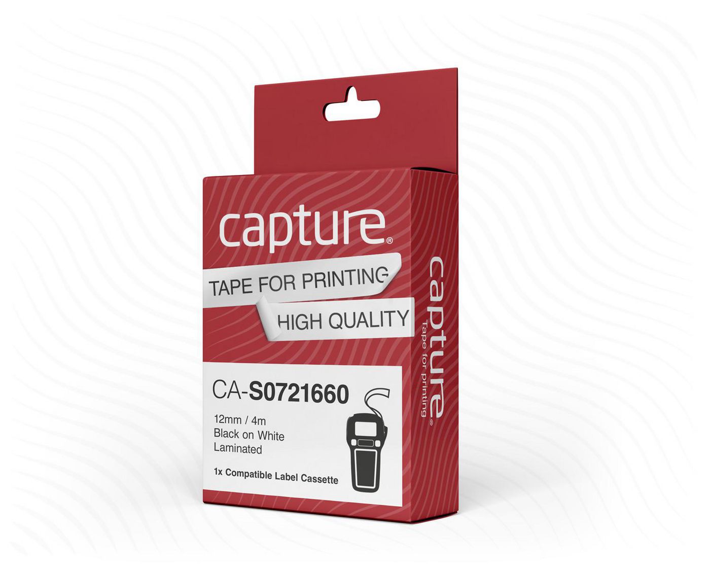 Capture 12mm x 4m Black on White  Plastic Tape  CA-S0721660 - eet01
