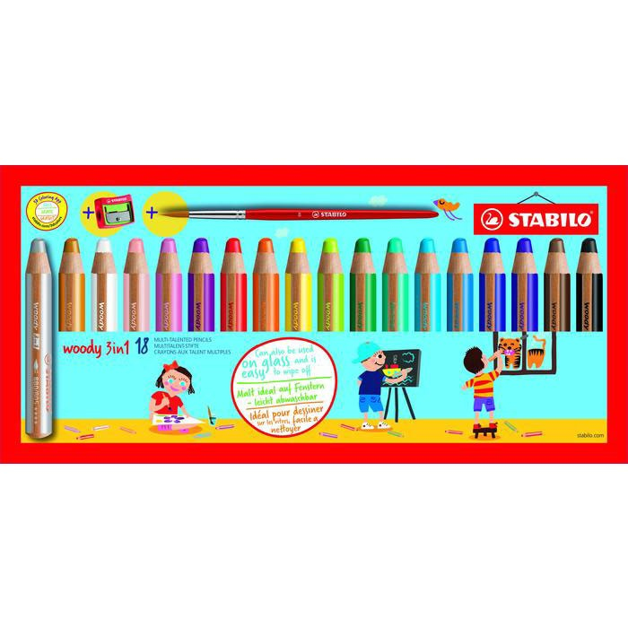 stabilo Stabilo Woody 3 In 1 Coloring Pencils Pnt Brsh & Shrpnr Pk18 880/18-3 - AD01