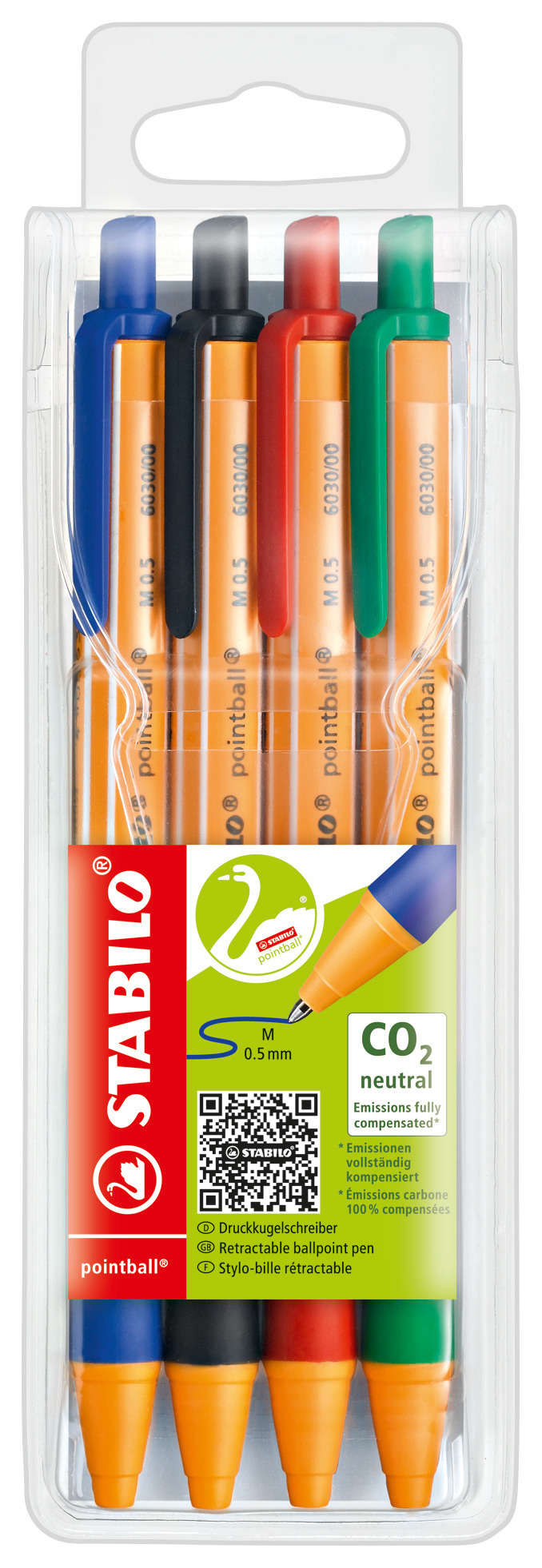 stabilo Stabilo Pointball Co2 Neutral Retractable Ballpoint 0.5mm Line Black/blue/red/green (wallet 4) 6030/4 6030/4 - AD01