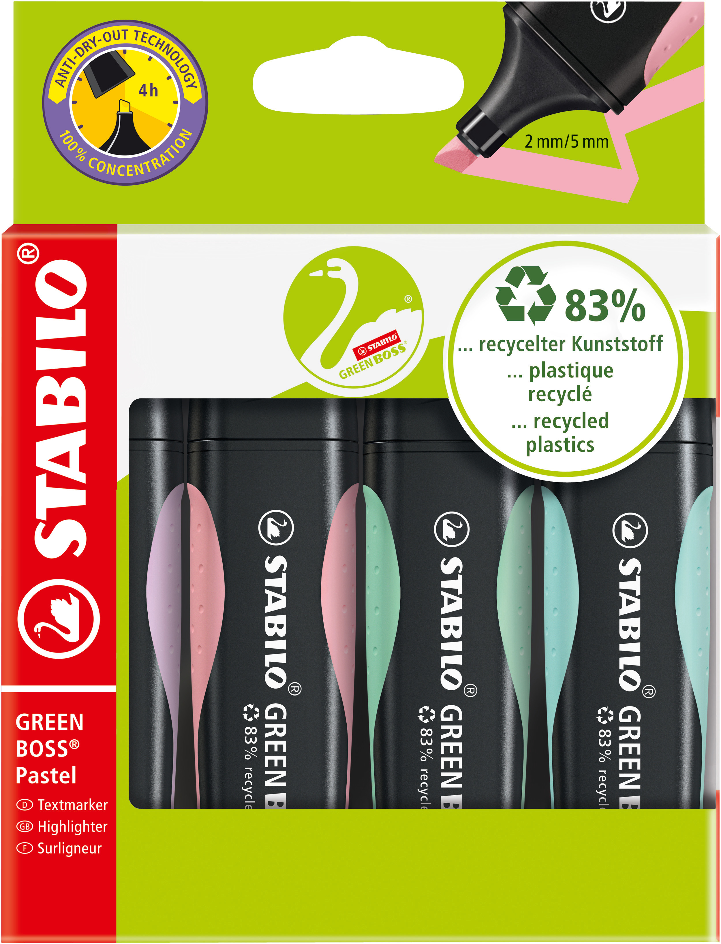 stabilo Stabilo Green Boss Pastel Highlighter Pen Chisel Tip 2-5mm Line Assorted Colours (pack 4) 6070/4-2 1523155 - AD01
