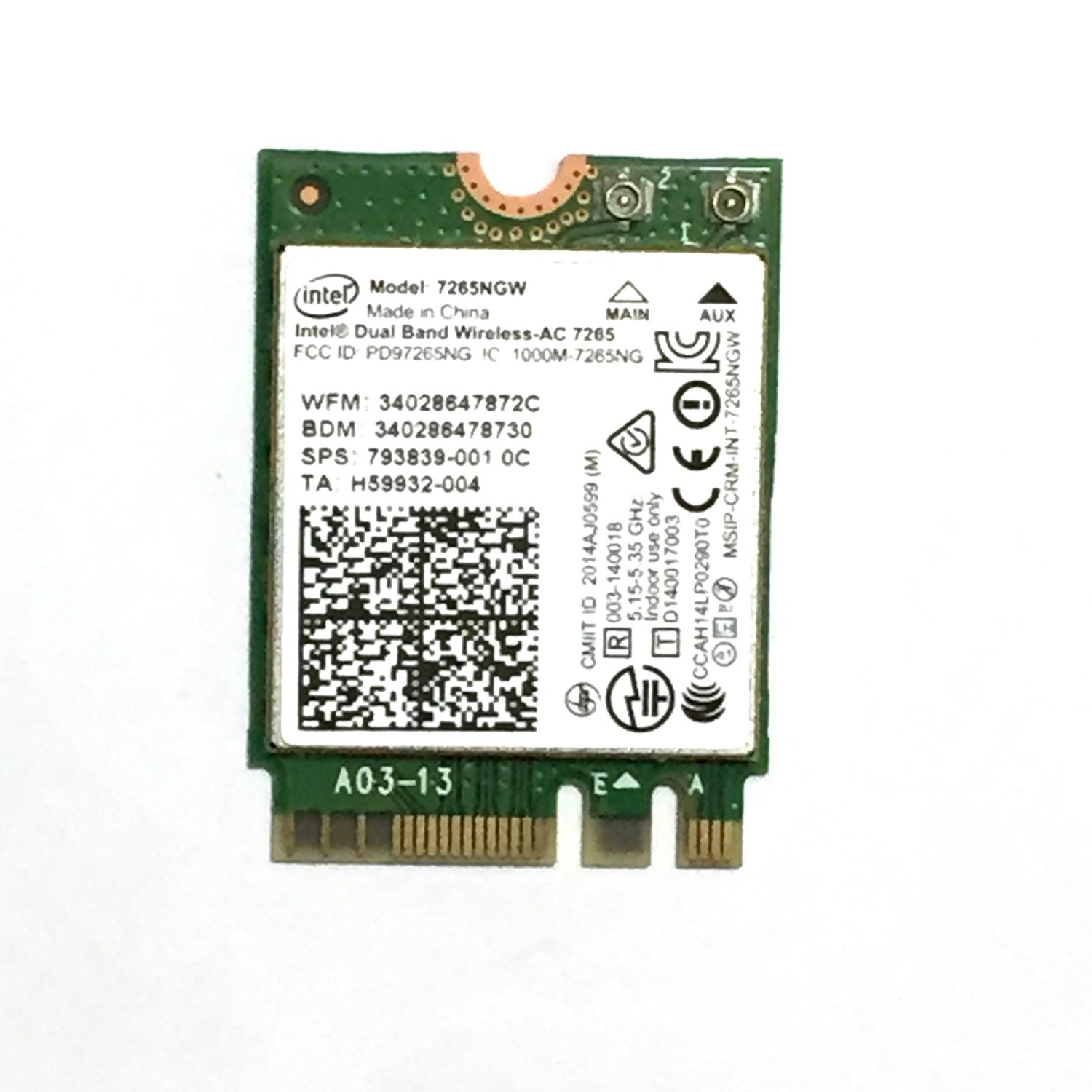 Intel Dual Band Wireless-AC 7265 - Network Adapter - M.2 Card - Bluetooth 4.0, Wi-Fi 5 7265.NGWWB.W - C2000