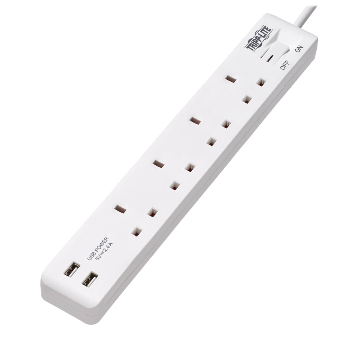 Tripp Lite 4-Outlet Power Strip With USB-A Charging - BS1363A Outlets, 220-250V, 13A, 1.8 M Cord, BS1363A Plug, White - Power Strip - 13 A - AC 230 V - Input: BS 1363A - Output Connectors: 4  - C2000