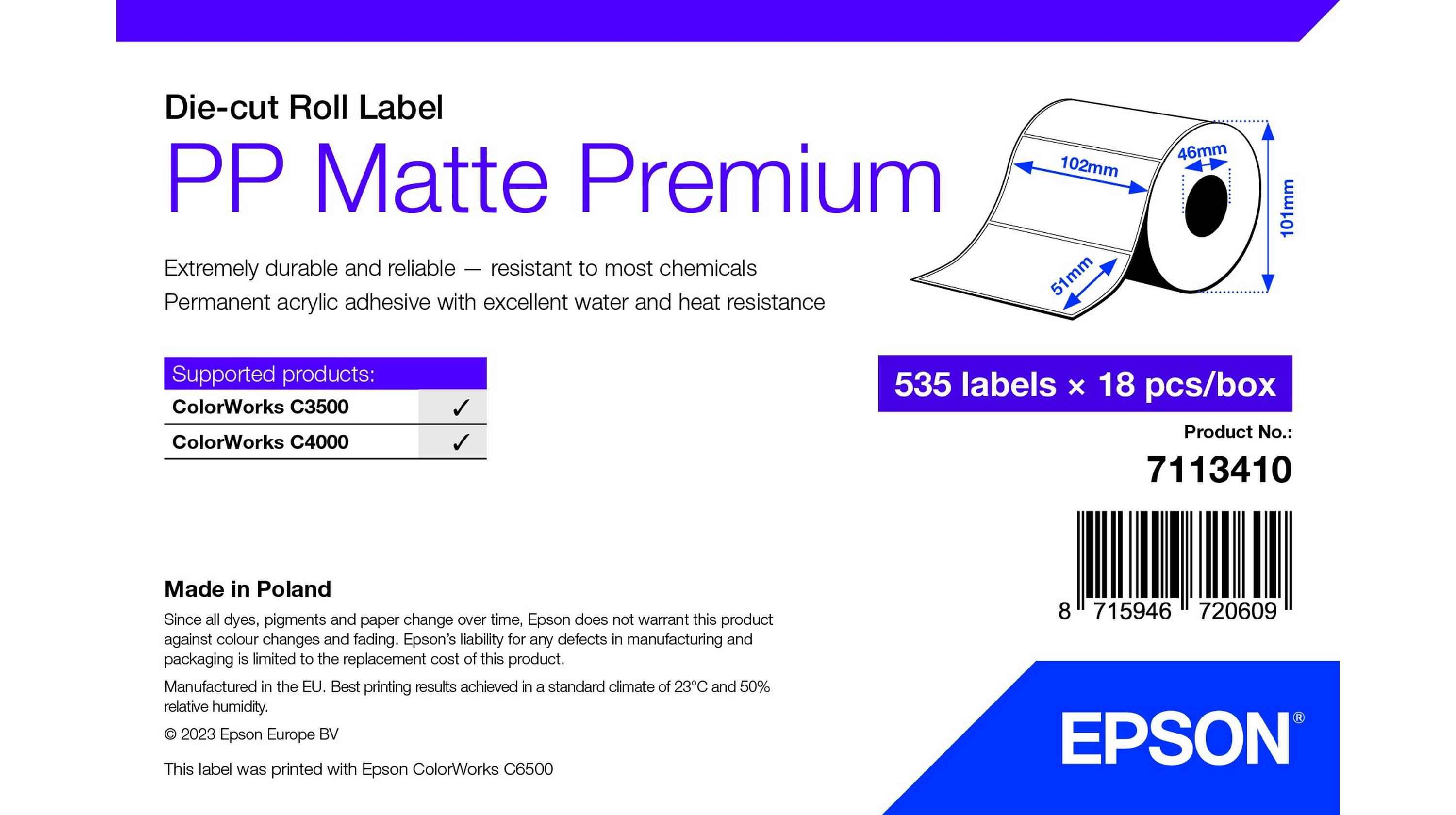 Epson - Bs Label Consumables U4  Pp Matte Label Prem Die-cut         Roll 102x51mm 535 Labels            7113410