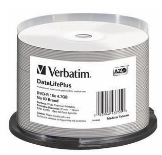Verbatim DVD-R AZO 4.7GB 16X DL+ WHITE  WIDE THERMAL PRINTABLE  43755 - eet01