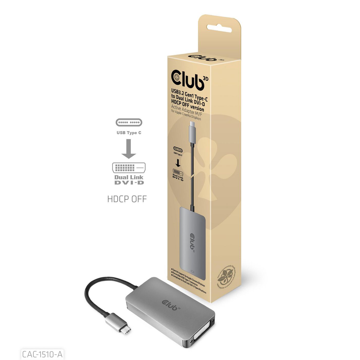 Club3D USB3.2 Gen1 Type-C auf Dual  Link DVI-D HDCP OFF Version  CAC-1510-A - eet01