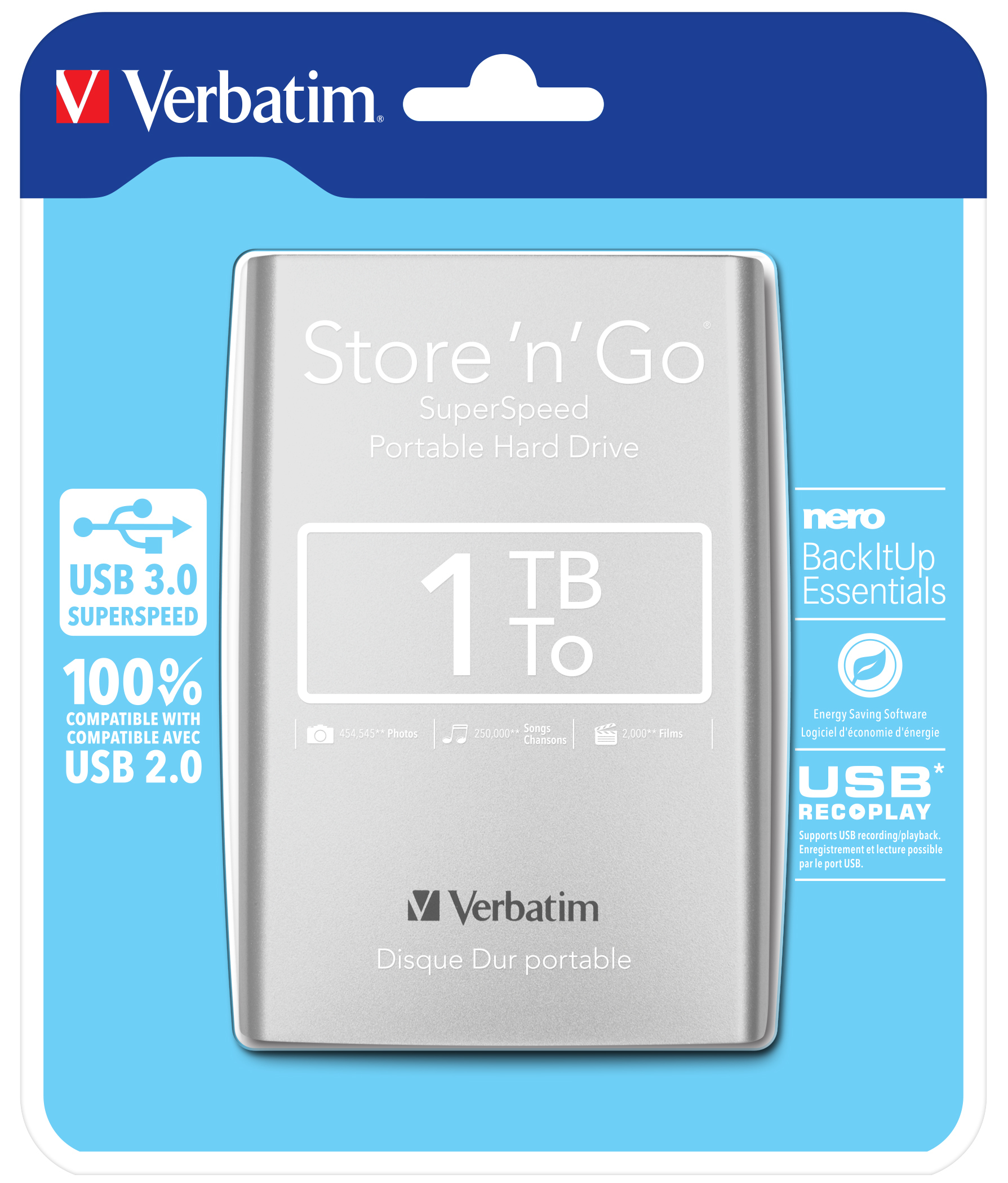 Verbatim 1TB External USB 3.0 HDD sliver 53071 - CMS01