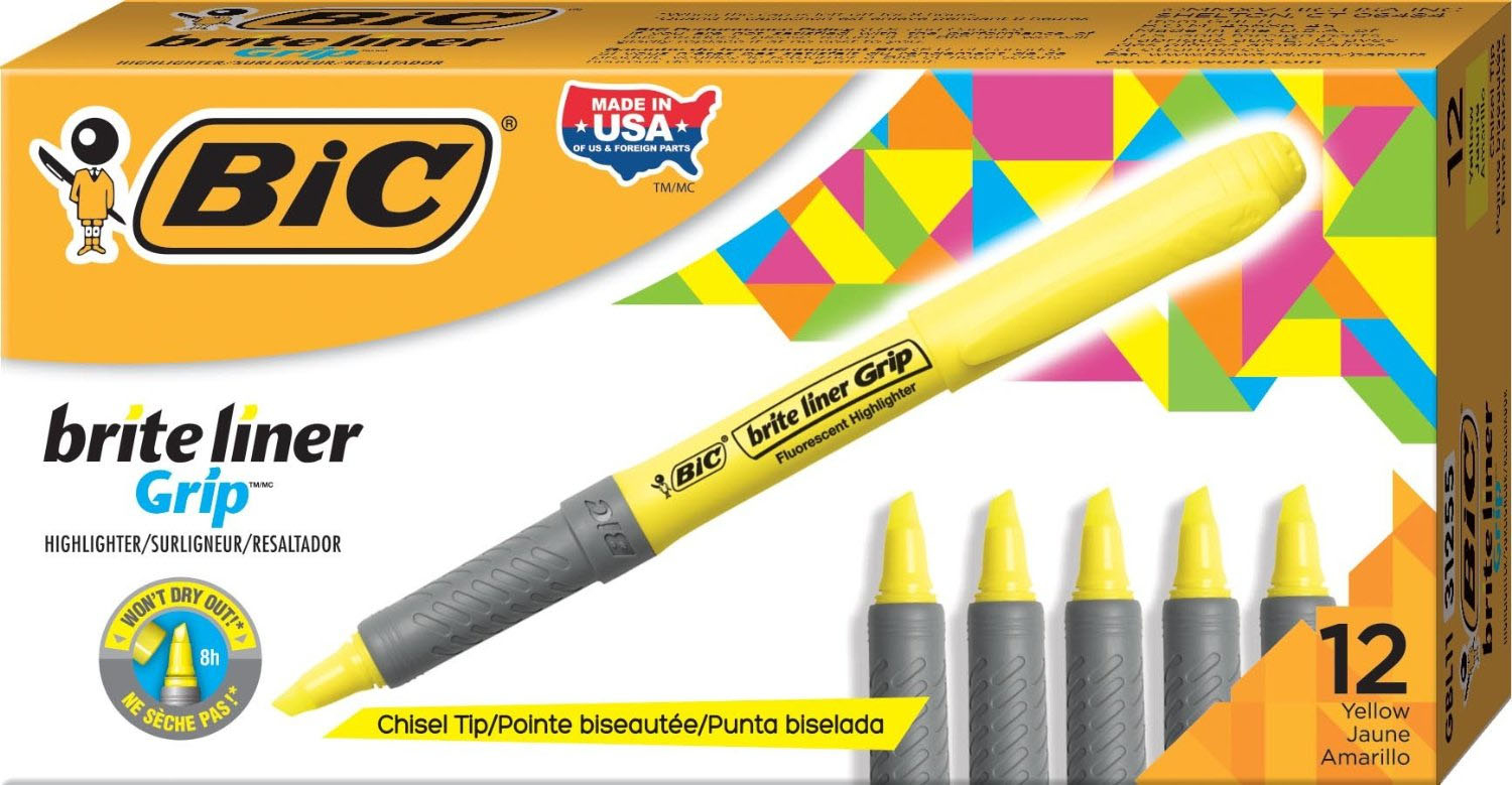 bic Bic Briteliner Grip Chisel Tip Highlighter Pen Yellow (pk12) 811935 - AD01