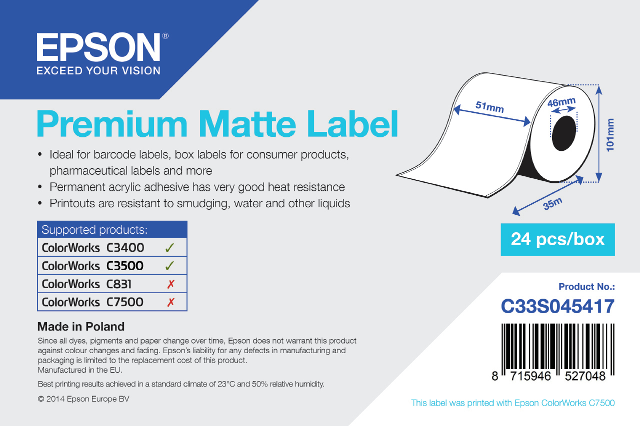 Epson - Bs Label Consumables U4  1roll Premium Matte Label Cont      51mm X 35m                          C33s045417