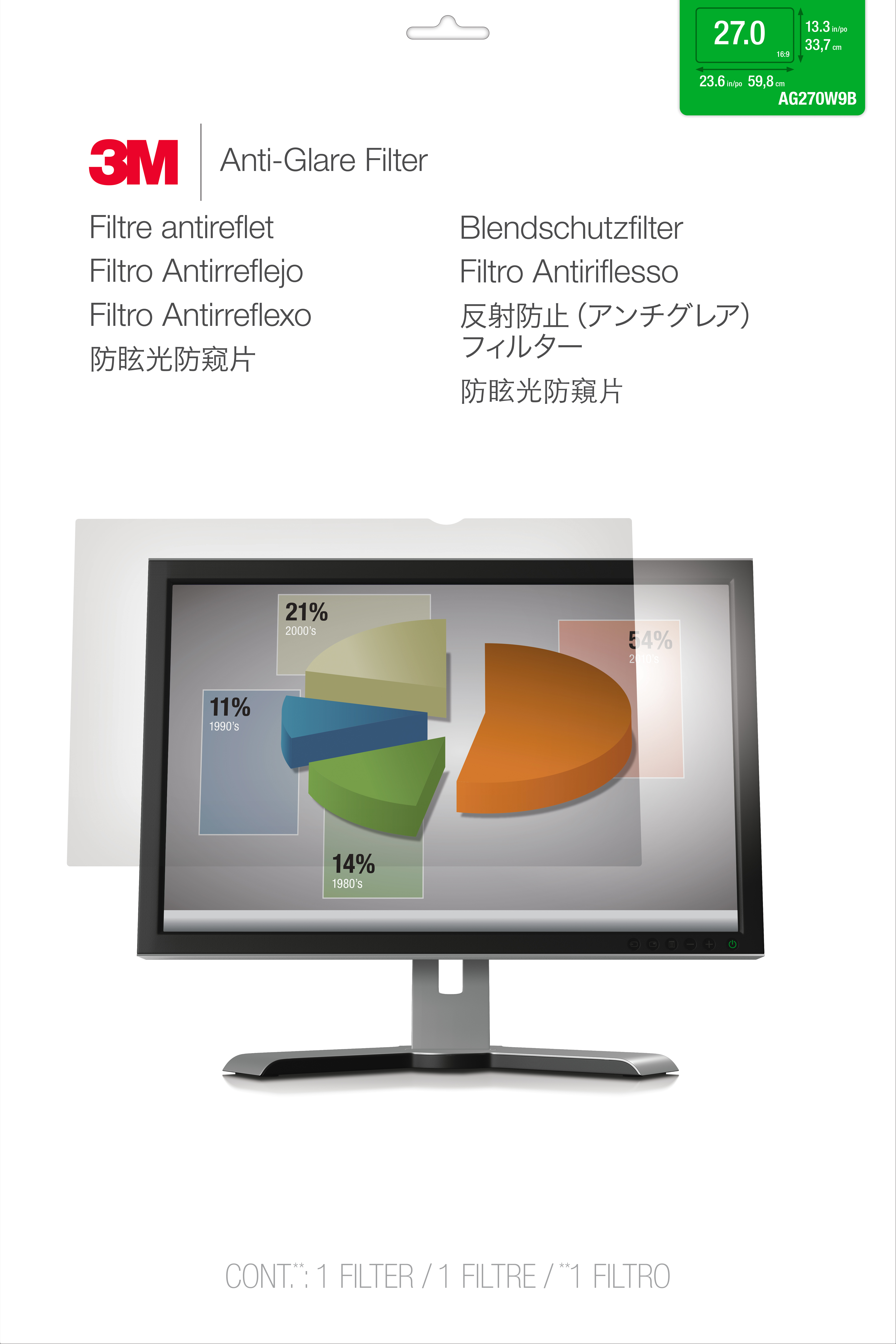 3M Anti-Glare Filter For 27" Monitors 16:9 - Display Anti-glare Filter - 27" Wide - Clear AG270W9B - C2000