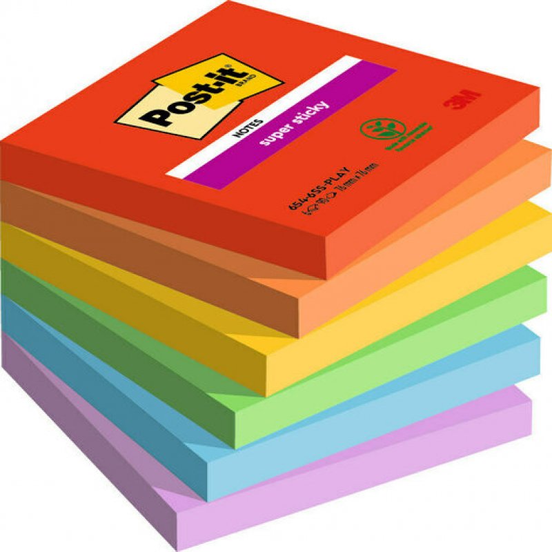 3m uk Post It Super Sticky Notes Playful Colours 76x76mm 90 Sheets (pack Of 6) 7100258795 7100258795 - AD01