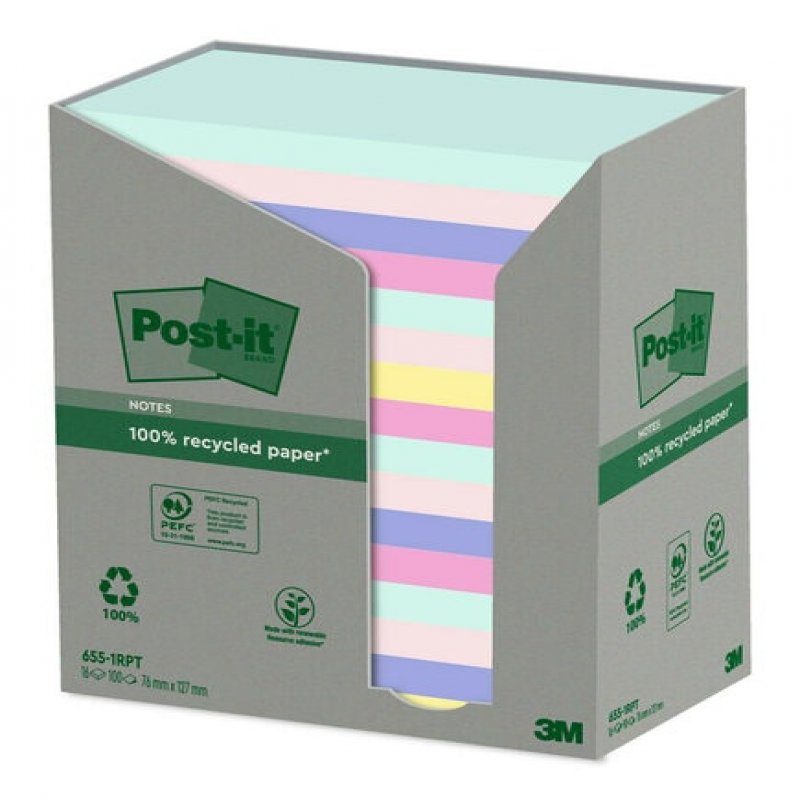 3m uk Post It Recycled Notes 76x127mm Assorted Colours 100 Sheets Per Pad Pack Of 16 7100259665 7100259665 - AD01