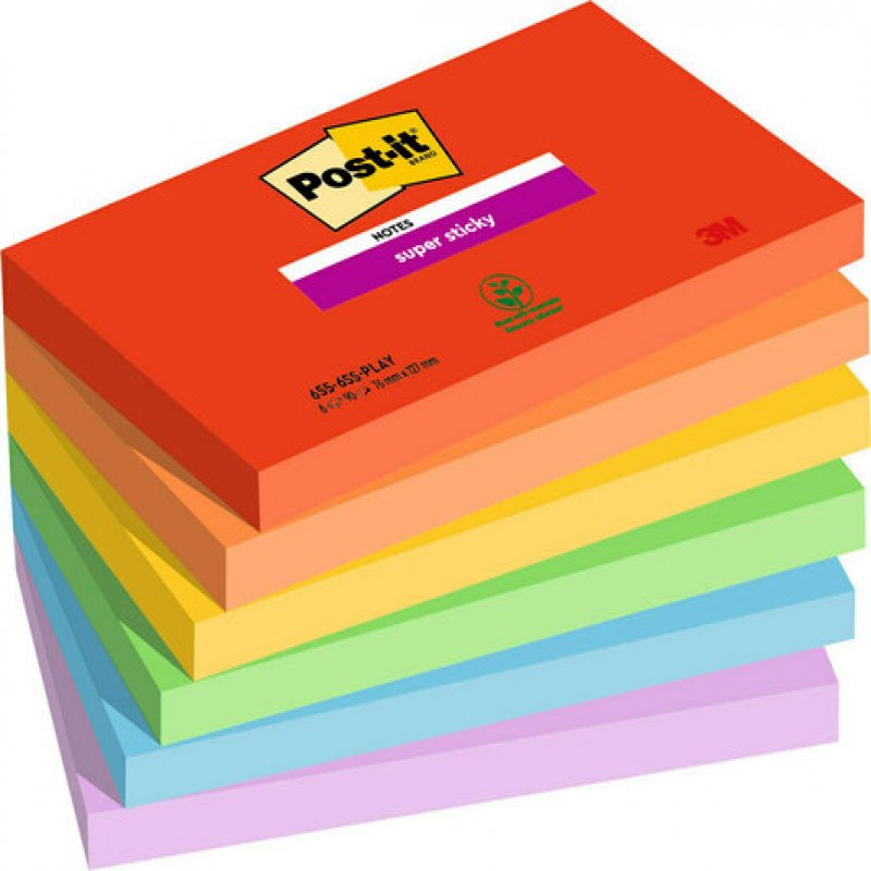 3m uk Post It Super Sticky Notes Playful Colours 76x127mm 90 Sheets (pack Of 6) 7100258796 7100258796 - AD01