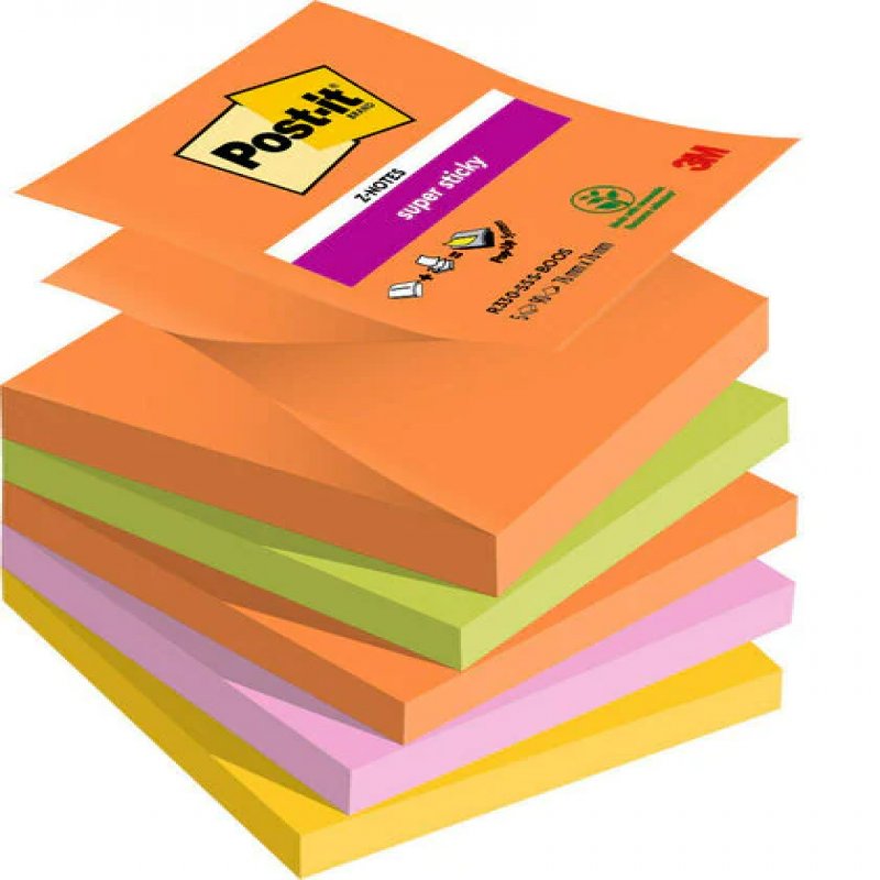3m uk Post It Super Sticky Z Notes Boost Colours 76x76mm 90 Sheets (pack Of 5) 7100258789 7100258789 - AD01