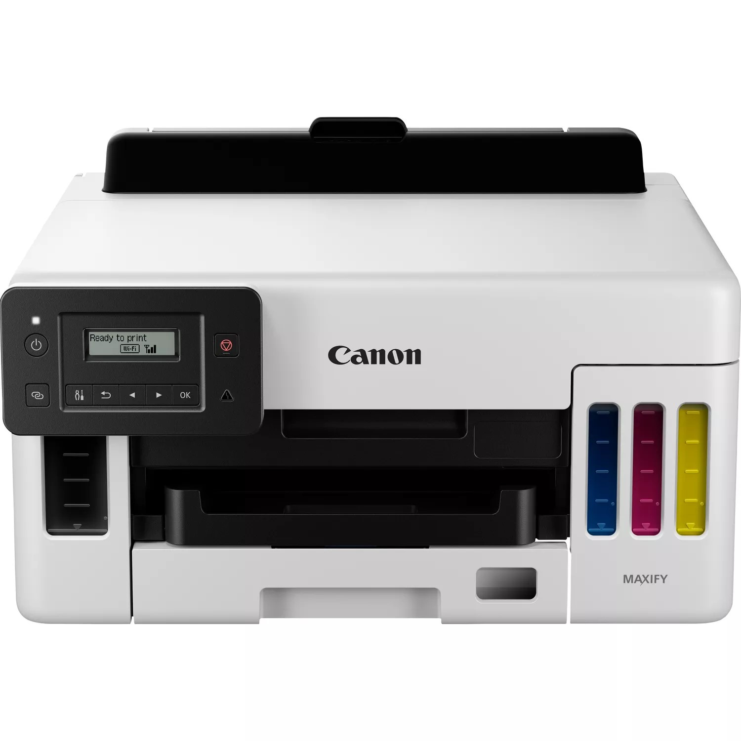 Canon Maxify GX5050. A4 Refillable Ink Tank Printer.  Black 24ipm, Colour 15.5ipm. First Page Out: Approx. 7 Sec. Rear Tray: 100 Sheets Cassette 1: 250 Sheets. USB, Wi-Fi (2.4GHz & 5GHz), Eth - C2000