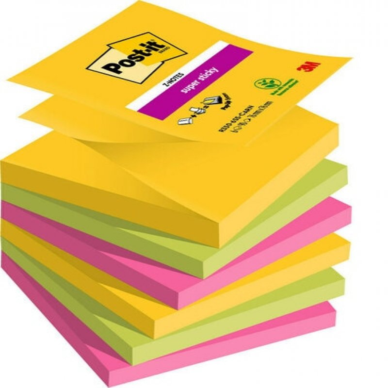 3m uk Post It Super Sticky Z Notes Carnival Colours 76x76mm 90 Sheets (pack Of 6) 7100263205 7100263205 - AD01