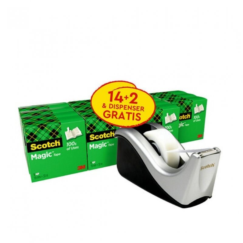 3m uk Scotch Magic Invisible Tape 19mm X 33m  (pack 16) + Weighted Silver Dispenser C60 Free 7100040324 7100040324 - AD01