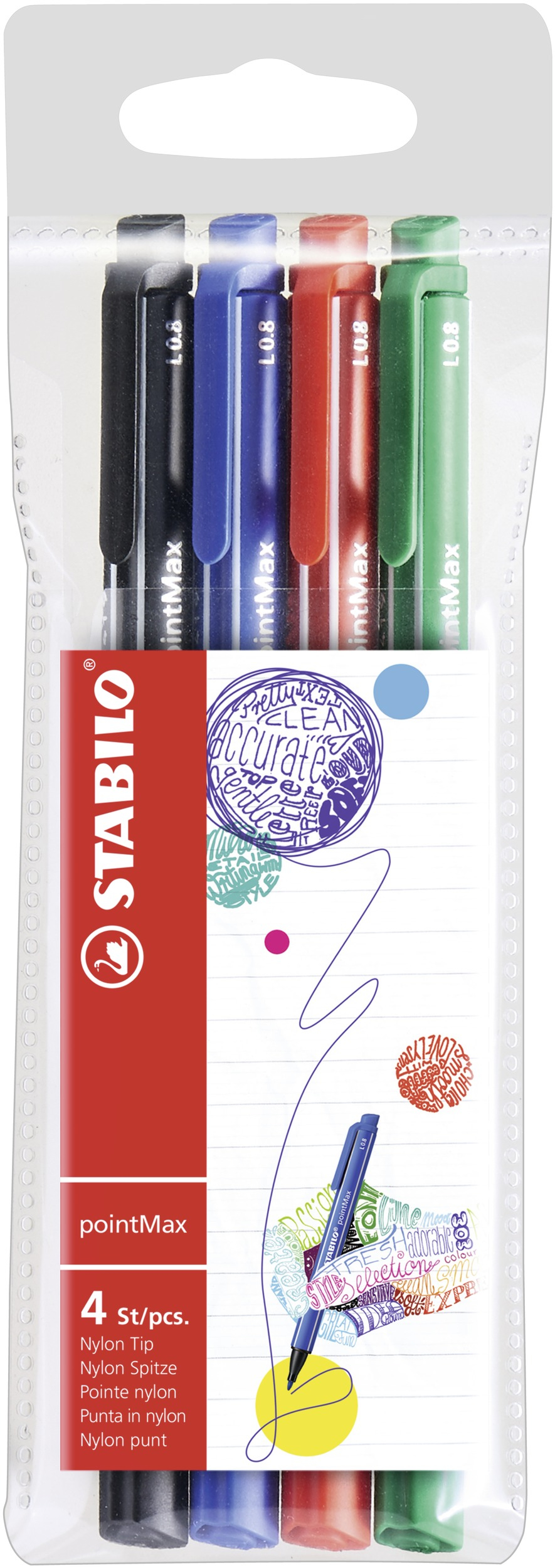 stabilo Stabilo Pointmax Nylon Tip Writing Pen 0.4mm Line Black/blue/red/green (pack 4) 488/4 488/4 - AD01
