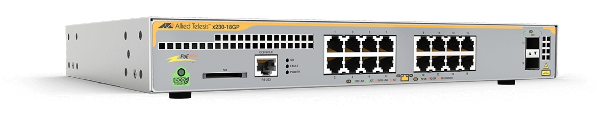 Allied Telesis AT X230-18GP - Switch - L2+ - Managed - 16 X 10/100/1000 (PoE+) + 2 X SFP - Desktop, Rack-mountable, Wall-mountable - PoE+ (240 W) AT-X230-18GP-30 - C2000