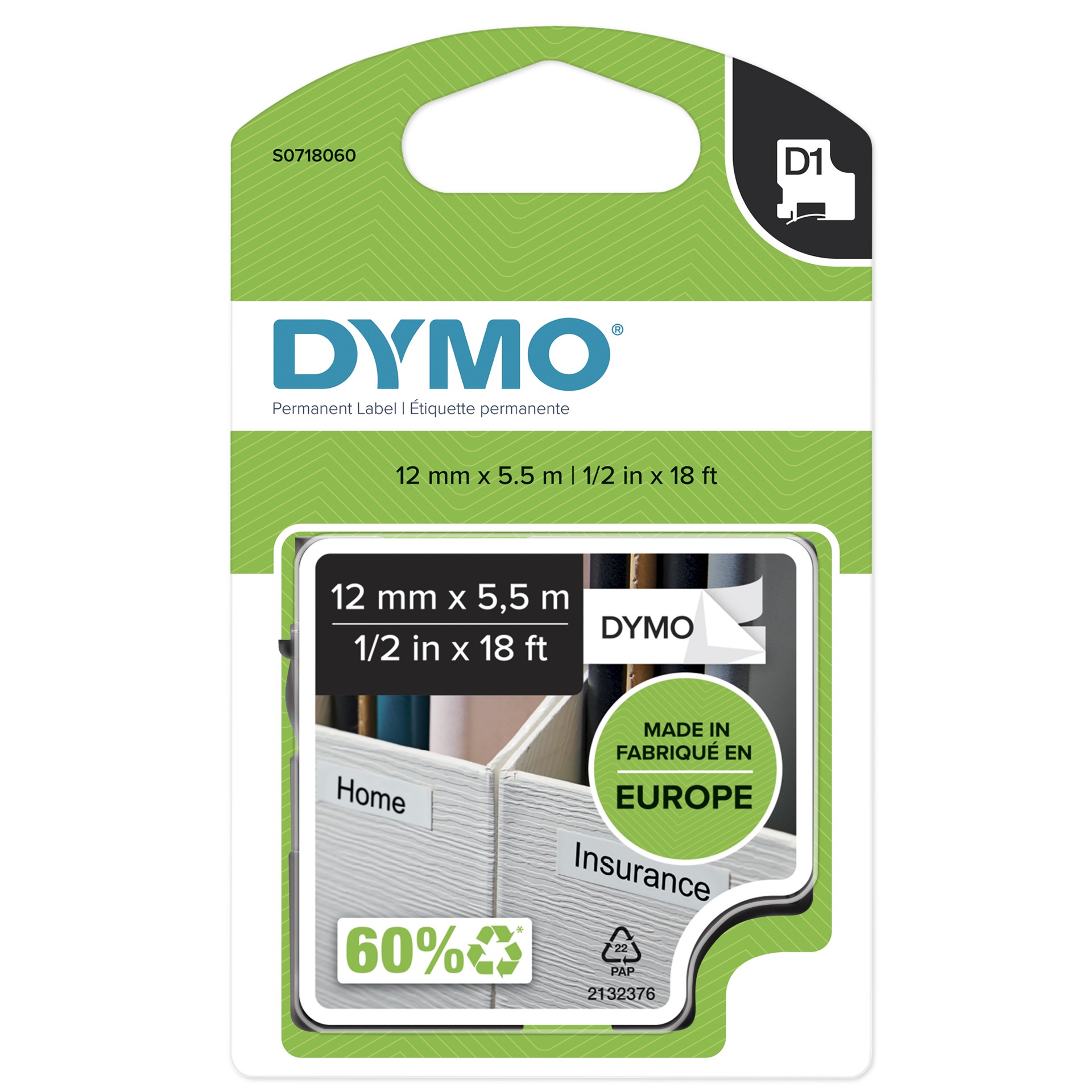 Dymo                             12mmx 5.5m Permanent Polyester      Black/white                         S0718060