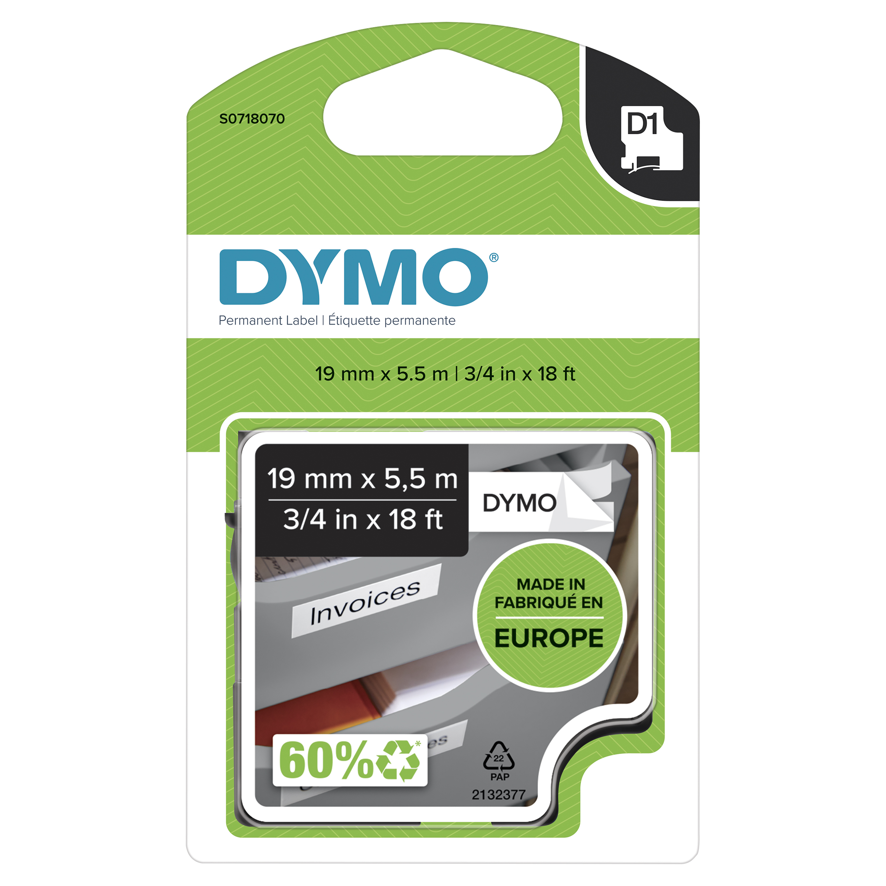 Dymo                             19mmx 5.5m Permanent Polyester      Black/white                         S0718070