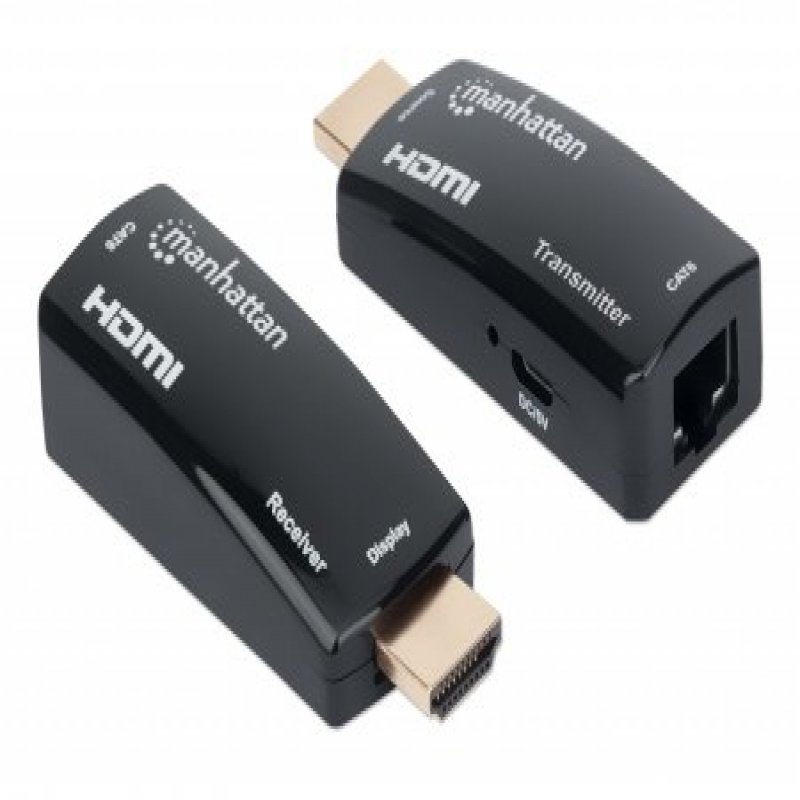 207539 manhattan 1080p@60hz Compact Hdmi Over Ethernet Extender Kit, Extends Distances Of Signal Up To 60m With A Single Cat6 Ethernet Cable, Transmitter And Receiver Included, Power Over Cable, Ultra Slim Design, Three Year Warranty, Black - NA01