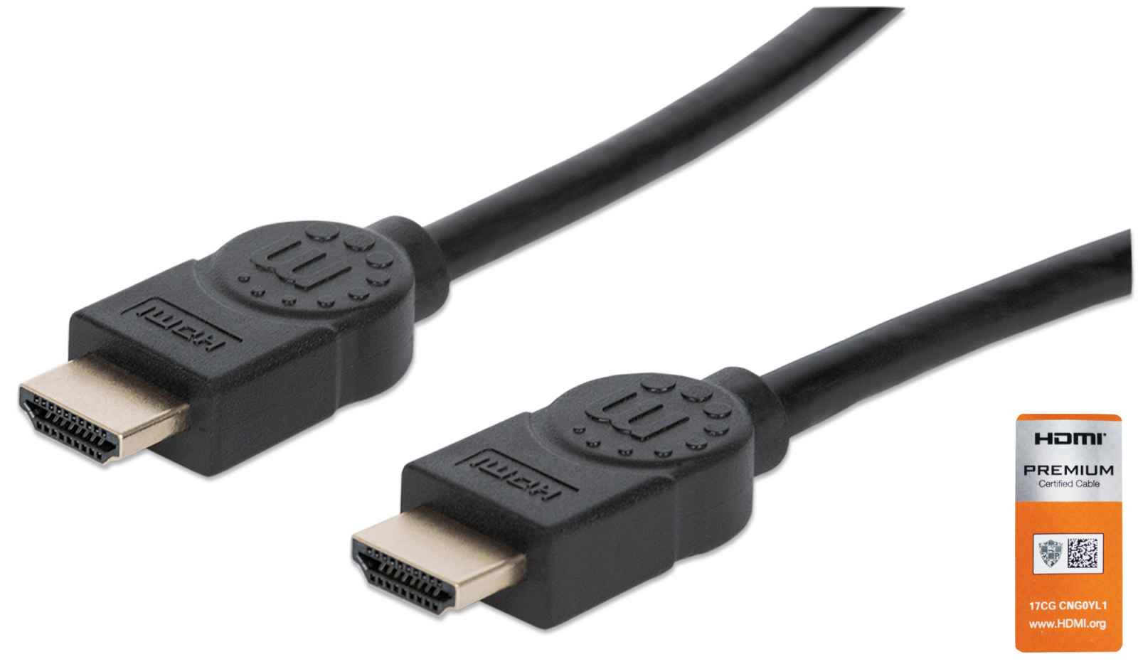 354837 manhattan Hdmi Cable With Ethernet, 4k@60hz (premium High Speed), 1m, Male To Male, Black, Equivalent To Startech Hdmm1mp, Ultra Hd 4k X 2k, Fully Shielded, Gold Plated Contacts, Lifetime Warranty, Polybag - NA01