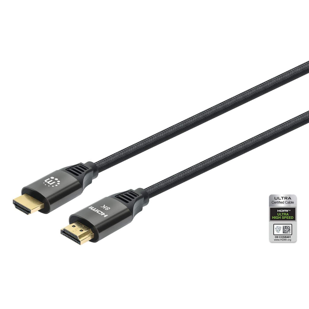 355940 manhattan Hdmi Cable With Ethernet, 8k@60hz (ultra High Speed), 2m (braided), Male To Male, Black, 4k@120hz, Ultra Hd 4k X 2k, Fully Shielded, Gold Plated Contacts, Lifetime Warranty, Polybag - NA01