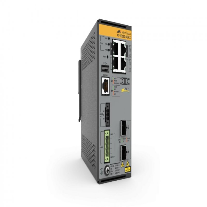 Allied Telesis AT IE220-6GHX - Switch - L2+ - Managed - 4 X 10/100/1000Base-T + 2 X 1 Gigabit / 10 Gigabit SFP+ (uplink) - DIN Rail Mountable, Wall-mountable - PoE++ (180 W) AT-IE220-6GHX-80 - C2000