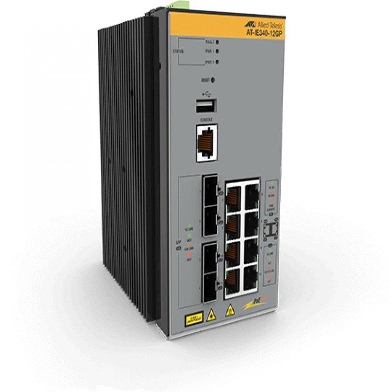 Allied Telesis AT IE340-12GP - Switch - L3 - Managed - 8 X 10/100/1000 (PoE+) + 4 X 1000Base-X SFP - DIN Rail Mountable, Wall-mountable - PoE+ (240 W) - DC Power AT-IE340-12GP-80 - C2000