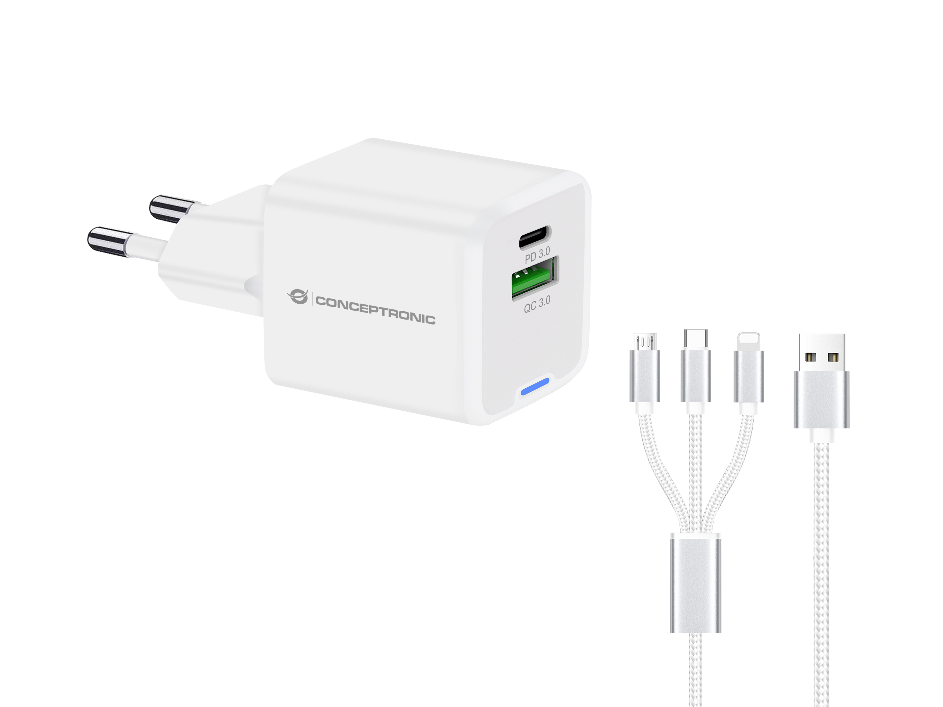 Conceptronic 2-Port 33W Gan Usb Pd Charger  With 3-In-1 Charging Cable,  ALTHEA16W - eet01