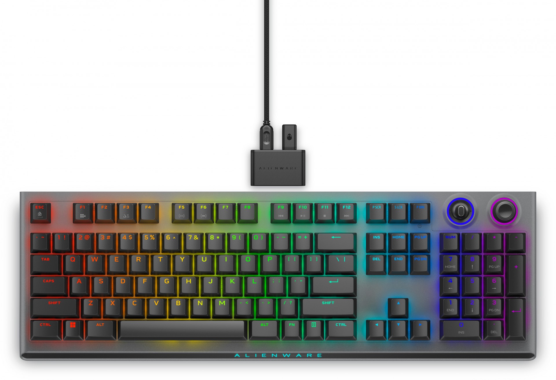 Alienware Tri-Mode AW920K - Keyboard - AlienFX Per-key RGB / 16.8 Million Colours - Wireless - 2.4 GHz, Bluetooth 5.1, USB - QWERTY - US - Key Switch: CHERRY MX Red - Dark Side Of The Moon AW - C2000