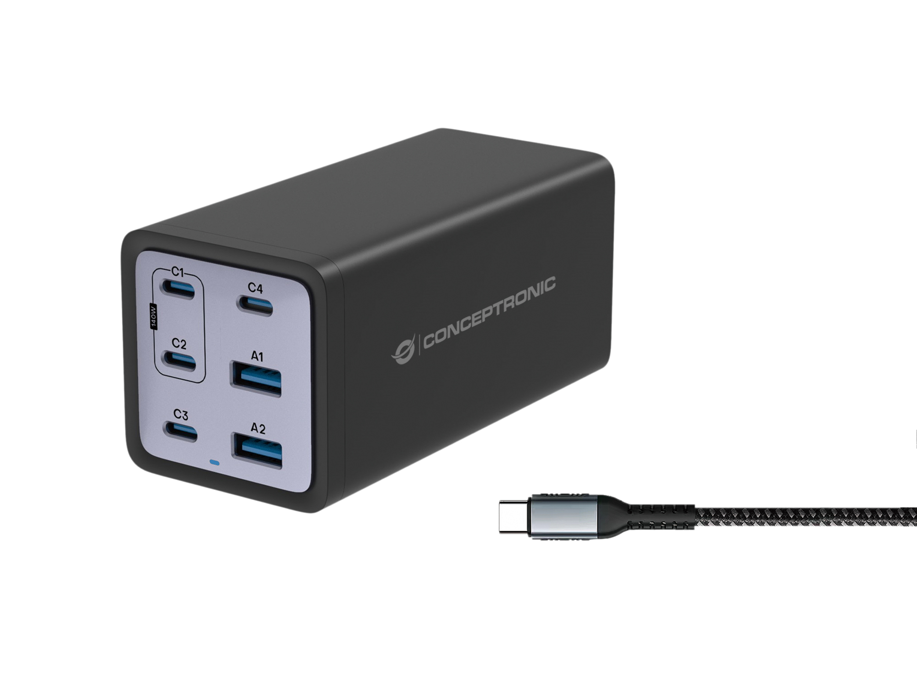 Conceptronic 6-Port 200W Gan Usb Pd  Charger With Usb-C Charging  OZUL06BE - eet01