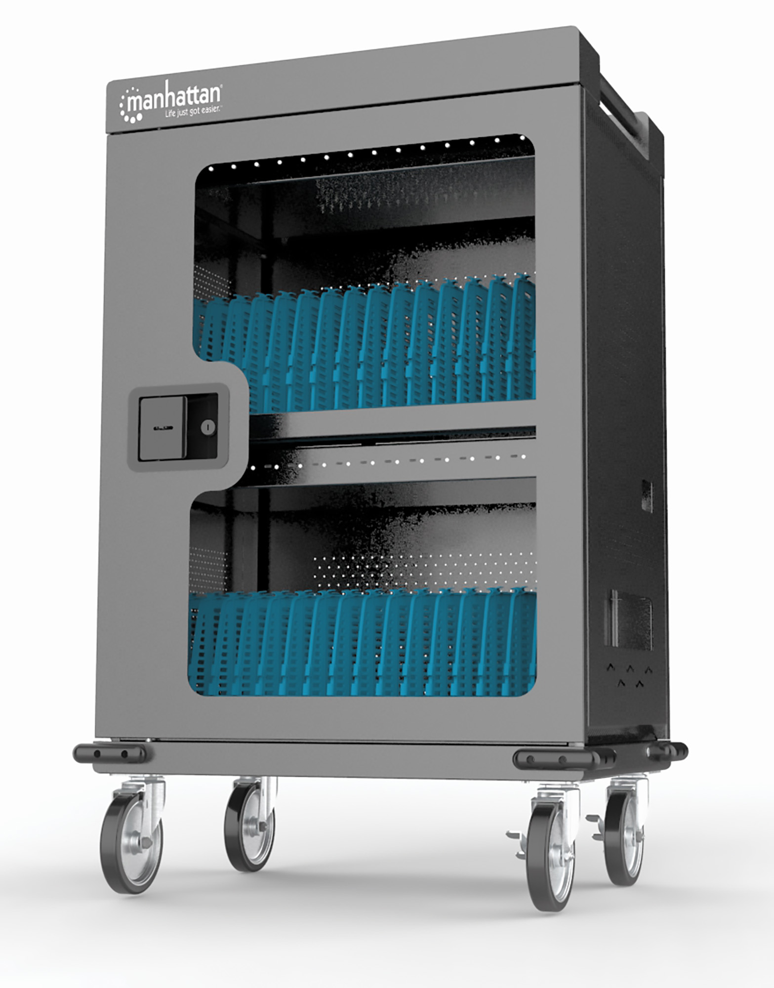102353 manhattan Charging Cabinet/cart Via Usb-c X32 Devices, Trolley, Power Delivery 18w Per Port (576w Total), Suitable For Ipads/other Tablets/chromebooks Up To 15.6", Bays 380x30x280mm, Device Charging Cables Not Included, Lockable (pin Code), Eu