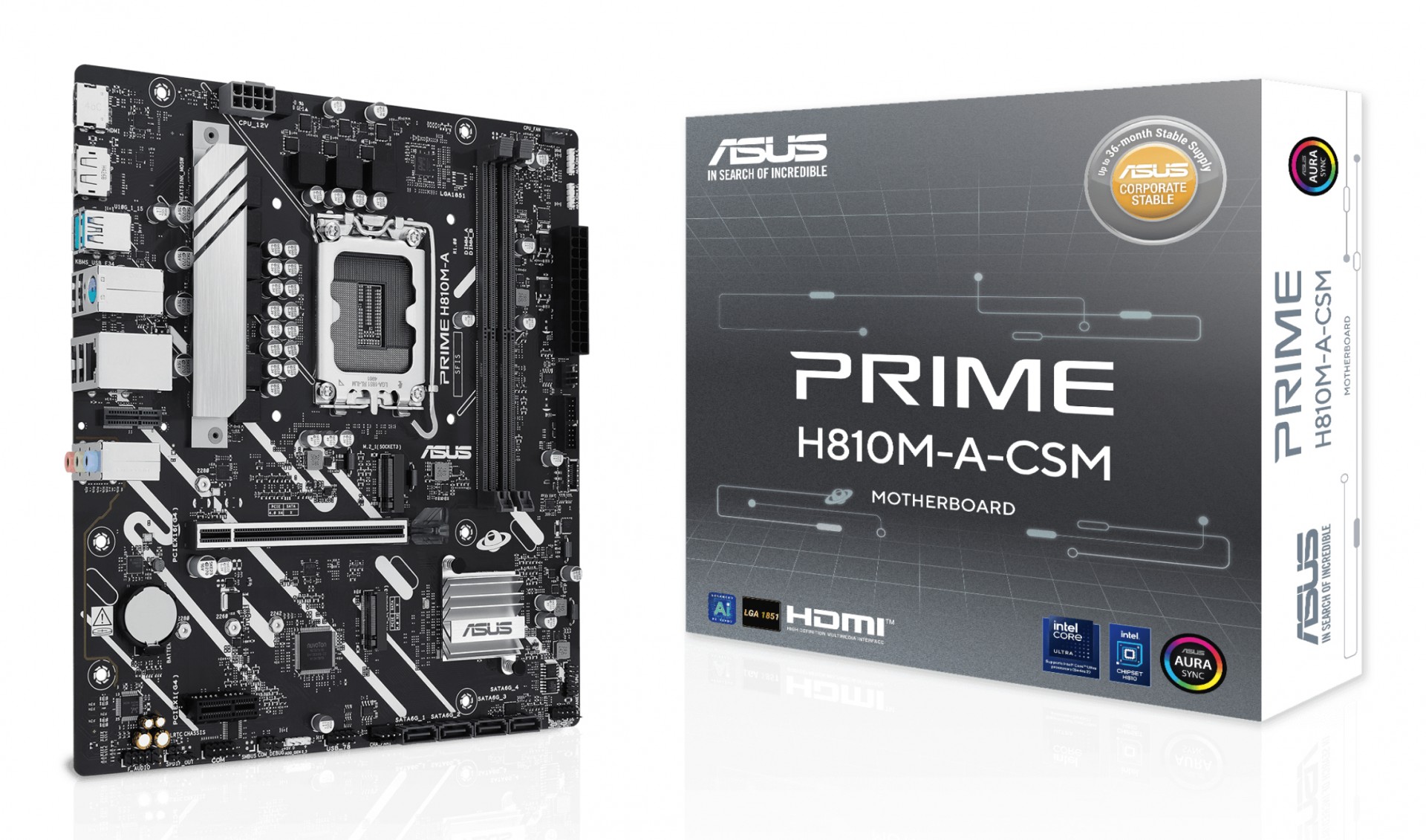 ASUS PRIME H810M-A-CSM - Motherboard - Micro ATX - LGA1851 Socket - H810 Chipset - USB-C 3.2 Gen 1, USB 3.2 Gen 2, USB 3.2 Gen 1 - Gigabit LAN - Onboard Graphics (CPU Required) - HD Audio (8- - C2000