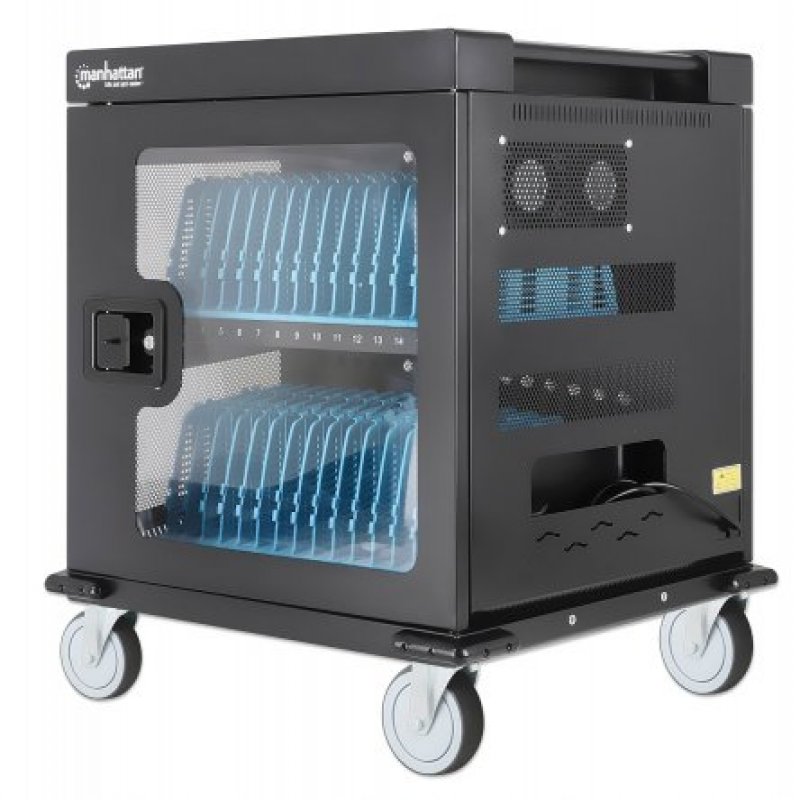 180542 manhattan Charging Cabinet/cart Via Ac Adapter (uk) X32 Devices, Trolley, Using Supplied Ac Adapter (power Cables) Included With Device, Suitable For Ipads/other Tablets/phones/laptops (up To 15.6"), Bays 380x30x280mm, Lockable, Uk 3-pin Plug