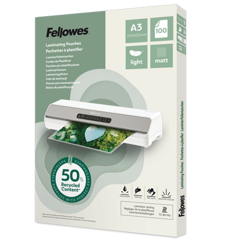 fellowes Fellowes Recycled Laminating Pouch A3 2x80 Micron Matt (pack 100) - 100143436 100143436 - AD01