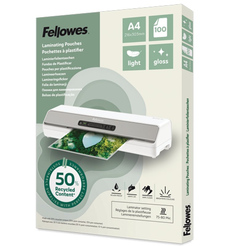 fellowes Fellowes Recycled Laminating Pouch A4 2x80 Micron Gloss (pack 100) - 100142987 100142987 - AD01