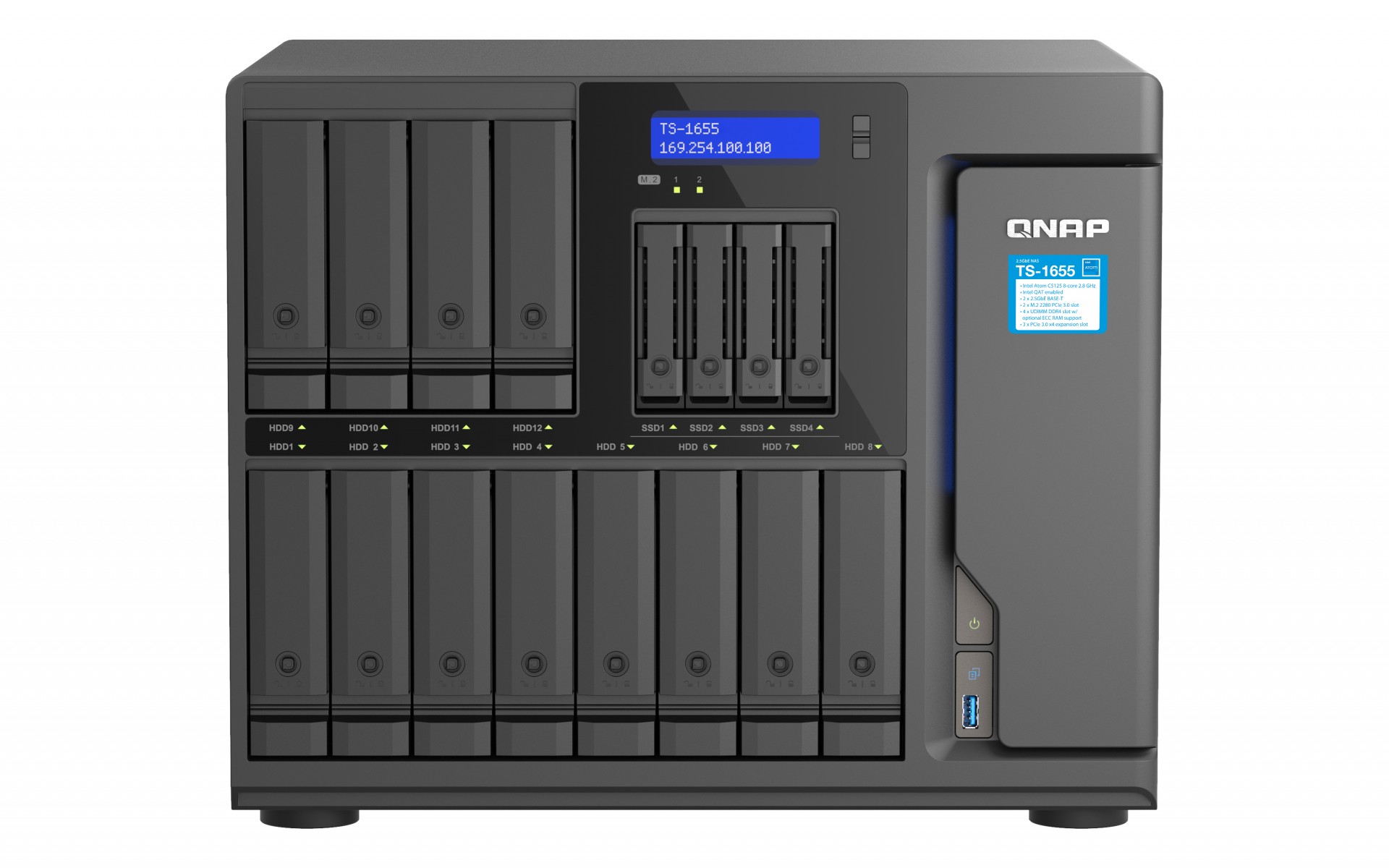 QNAP TS-1655 - NAS Server - 16 Bays - SATA 6Gb/s - RAID JBOD, 0, 1, 5, 6, 10, 50, 60 - RAM 8 GB - 2.5 Gigabit Ethernet - ISCSI Support TS-1655-8G - C2000