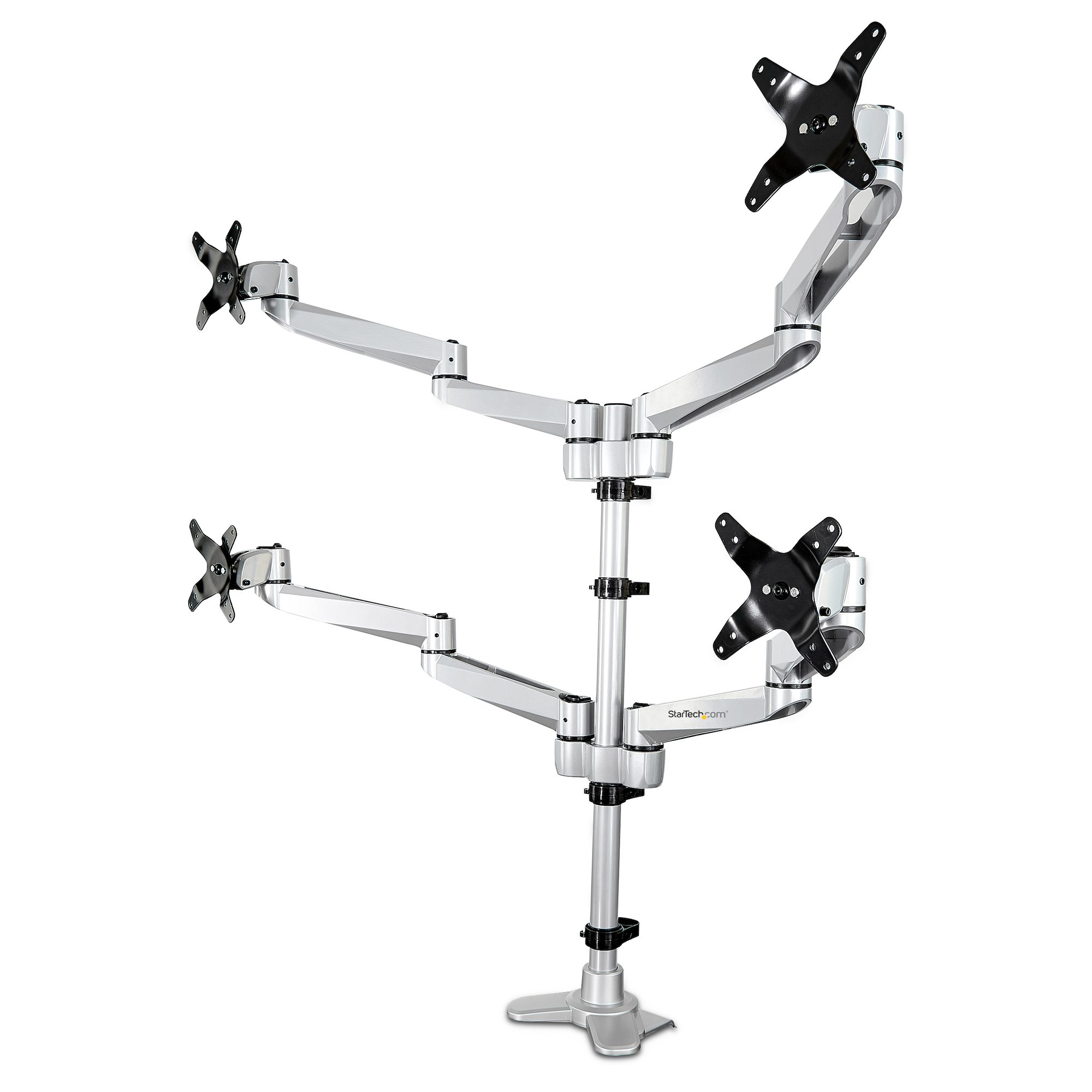 StarTech.com Desk Mount Quad Monitor Arm, Premium Articulating VESA 4 Monitor Mount 2x2 Up To 27", Ergonomic Height Adjustable Pole Mount, Tilt/Swivel/Rotate, C-Clamp/Grommet, Silver - Heavy- - C2000