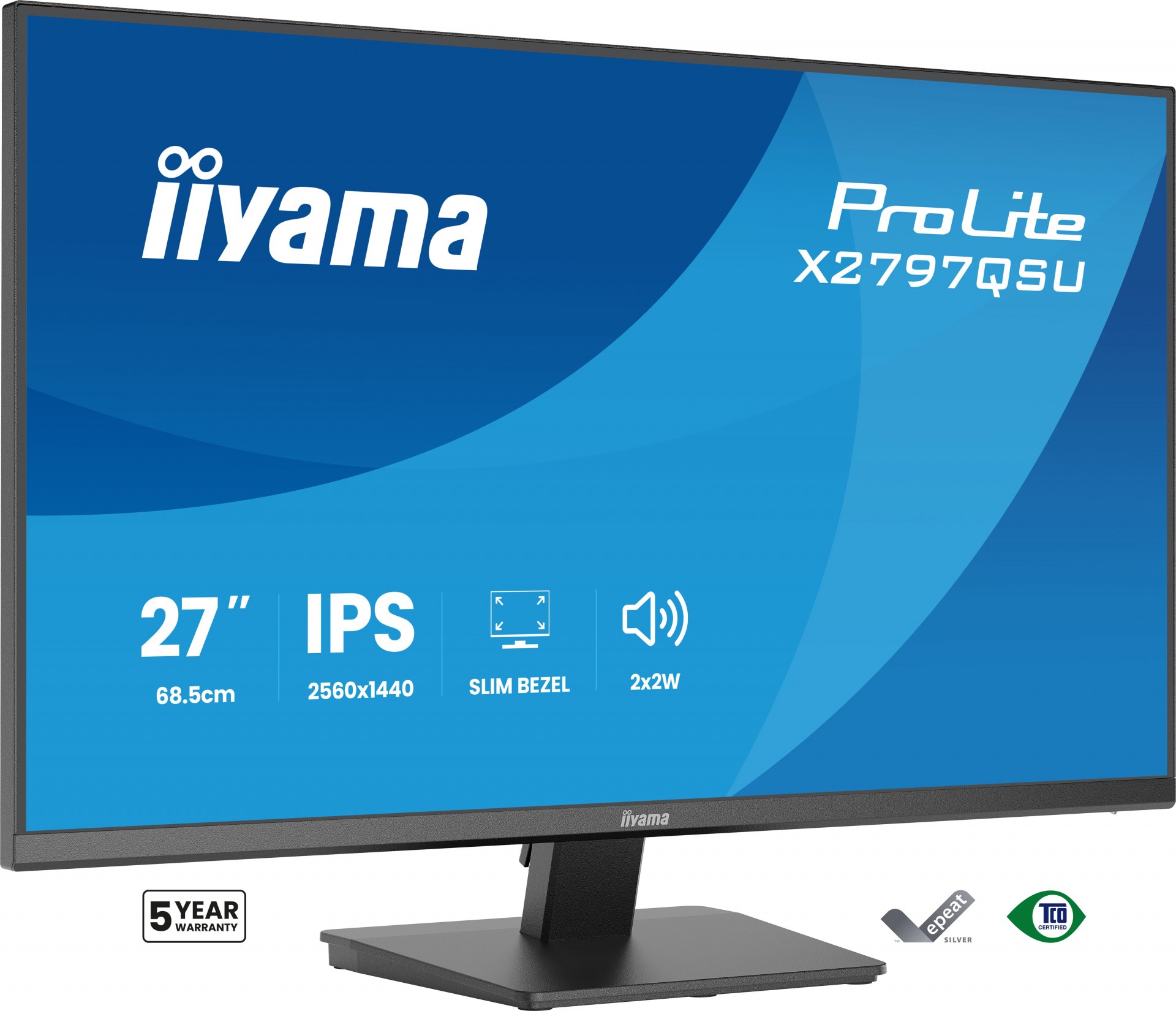Iiyama ProLite X2797QSU-B1 - LED Monitor - 27" - 2560 X 1440 QHD @ 75 Hz - IPS - 350 Cd/m - 1000:1 - 1 Ms - 2xHDMI, DisplayPort - Speakers - Black, Matte X2797QSU-B1 - C2000