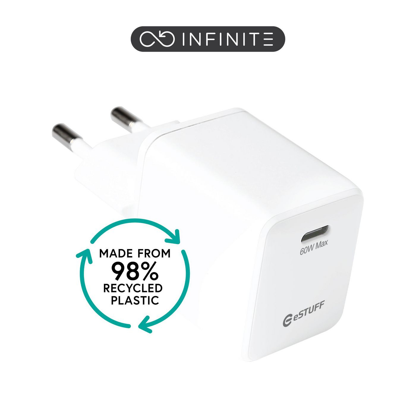 ESTUFF INFINITE (GRS) USB-C Charger  EU PD 60W GaN. 1 x USB-C.  ES637060 - eet01