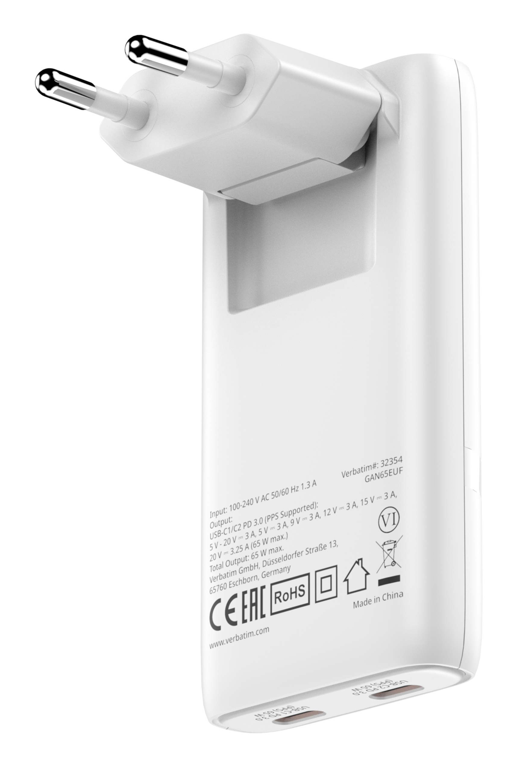 Verbatim Fold N Go GaN Charger 65W  Eu Plug White  32355 - eet01