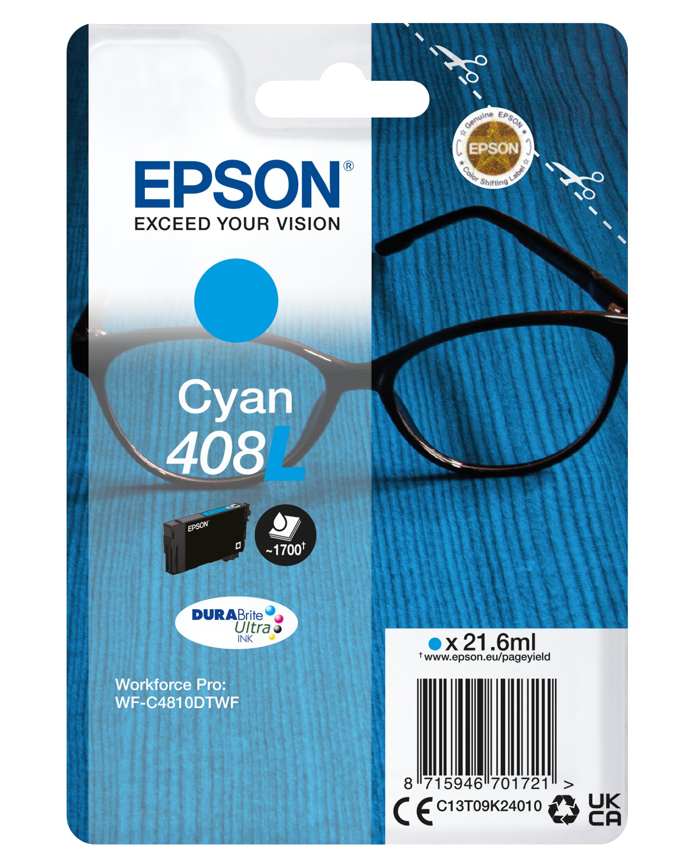 Epson 408L - 21.6 Ml - Cyan - Original - Blister - Ink Cartridge - For WorkForce Pro WF-C4810DTWF C13T09K24010 - C2000